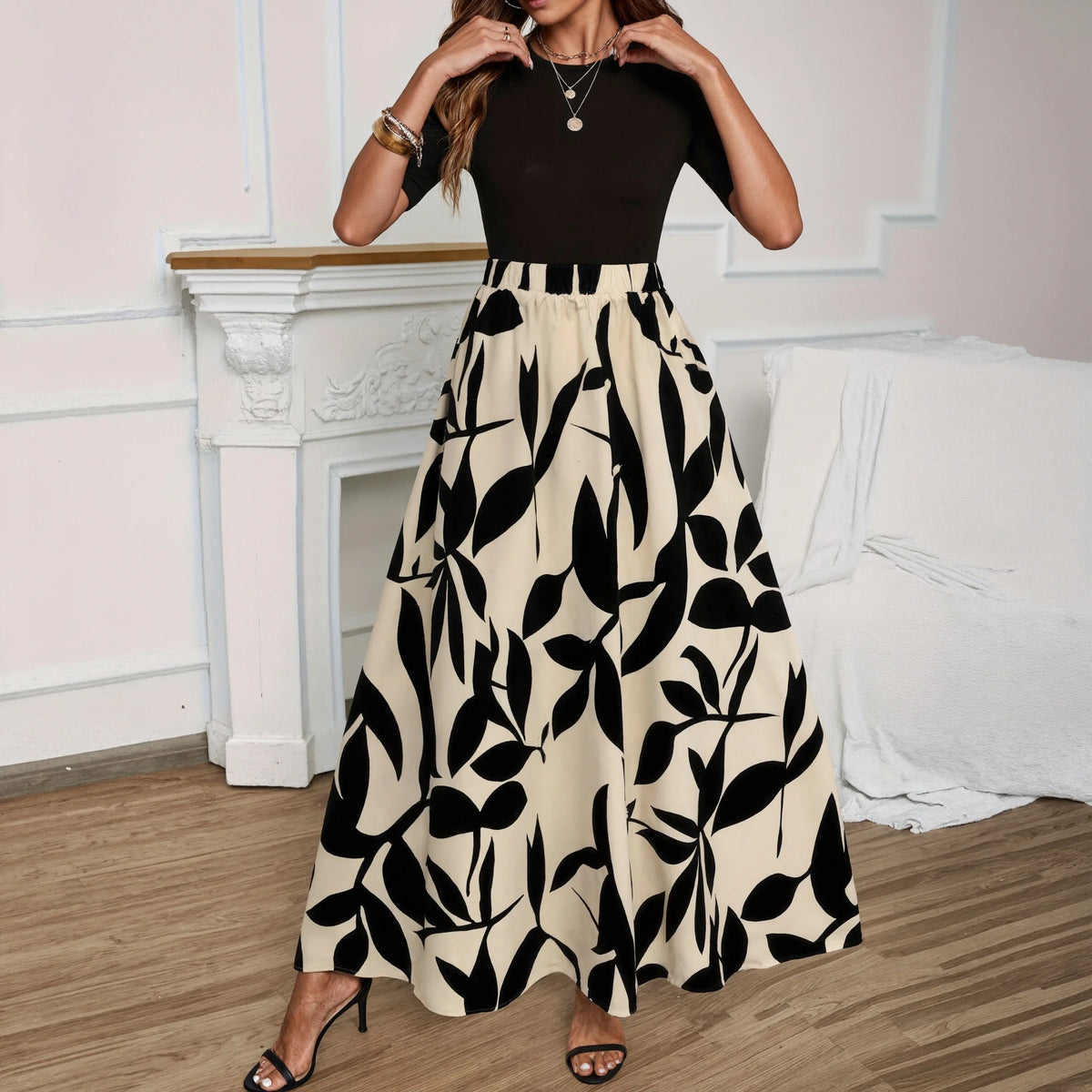 High Waisted Maxi Skirt A Line Long Flared Skirt Bold Floral Print Full Length Elegant Casual Vacation Party Wear