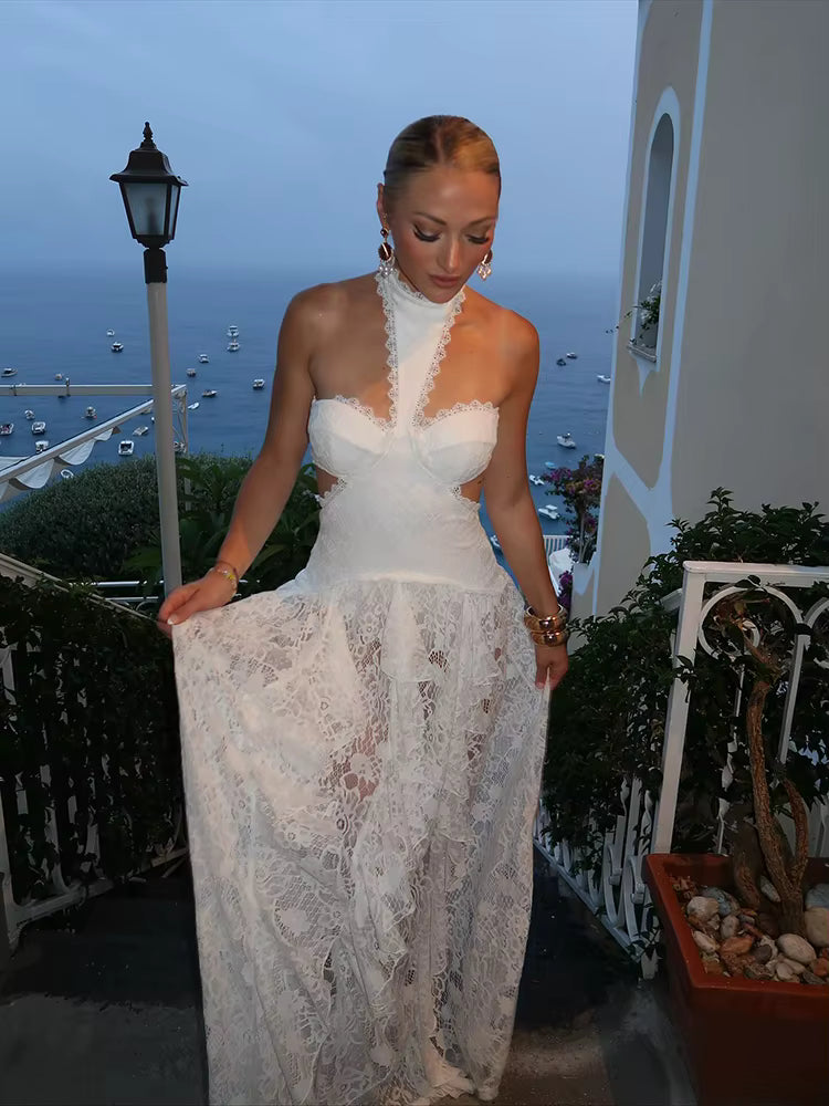 Lace Halter Maxi Dress – Strapless Corset Gown with High Neck Scarf, Floral Lace Overlay, Tiered Skirt and Elegant Floor-Length Design