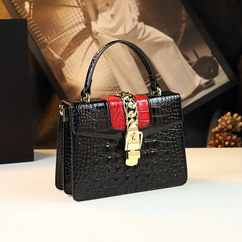 Crocodile Embossed Top Handle Handbag, Structured Vintage Satchel with Gold-Tone Clasp, Elegant Shoulder Purse for Work, Dates & Special Occasions