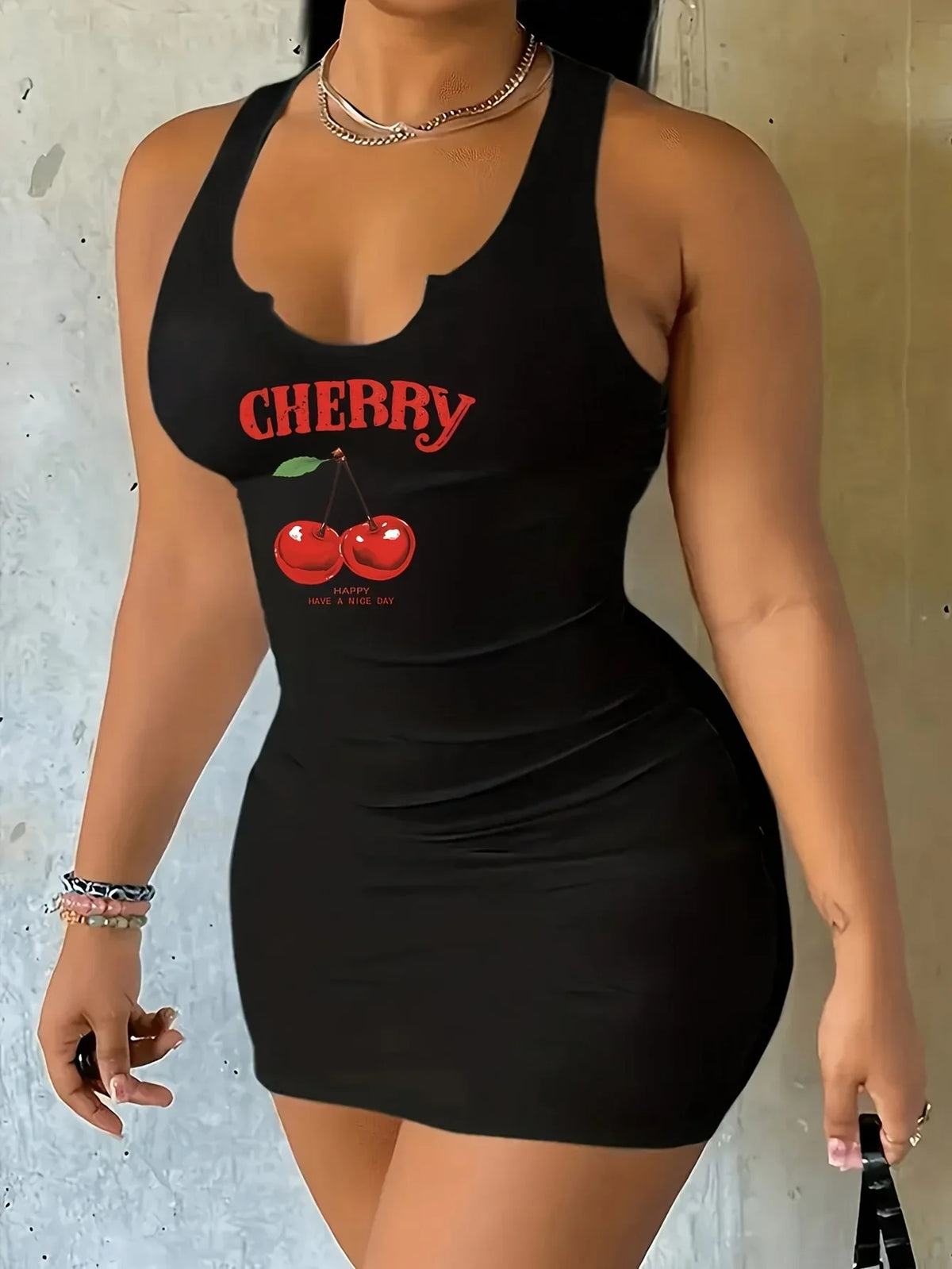 Cherry Graphic Mini Dress – Sleeveless Scoop Neck Tank Dress with Fitted Silhouette and Playful Fruit Print for Summer & Casual Outings
