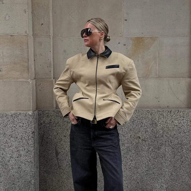 Fitted Leather Jacket with Contrast Collar, Zip-Up Blazer Jacket with Piped Pockets, Tailored Chic Transitional Outerwear