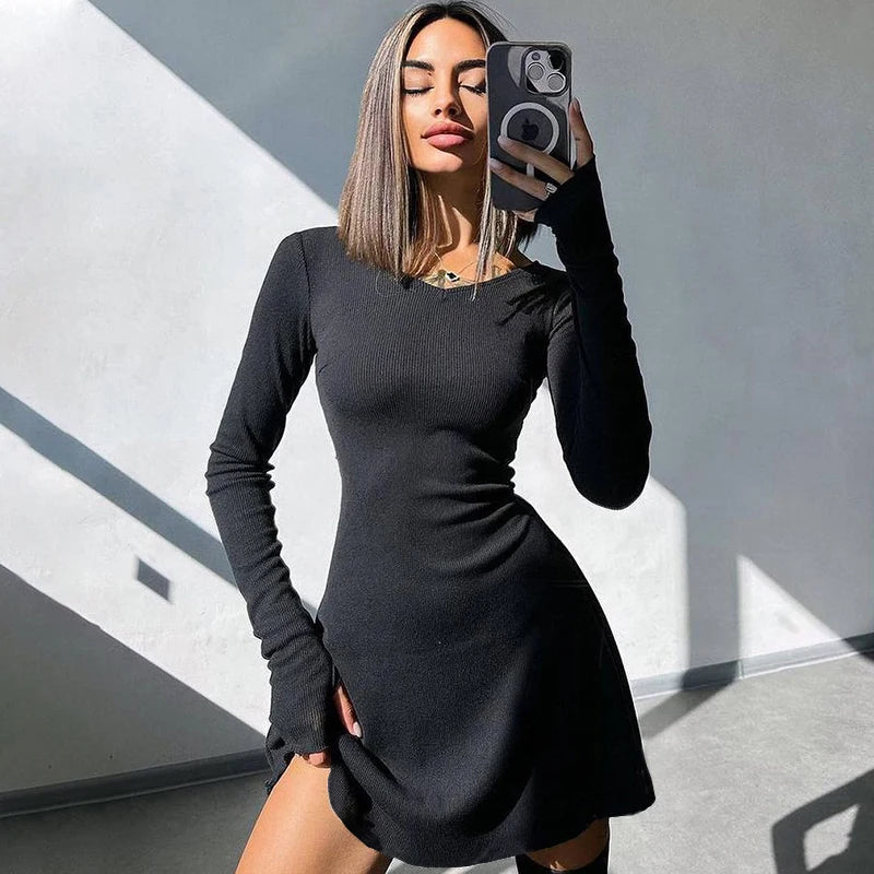Ribbed Mini Dress – Long Sleeve Scoop Neck Bodycon Dress with Flared Sleeves, Fitted Silhouette and Stretch Knit Fabric for Evening Wear