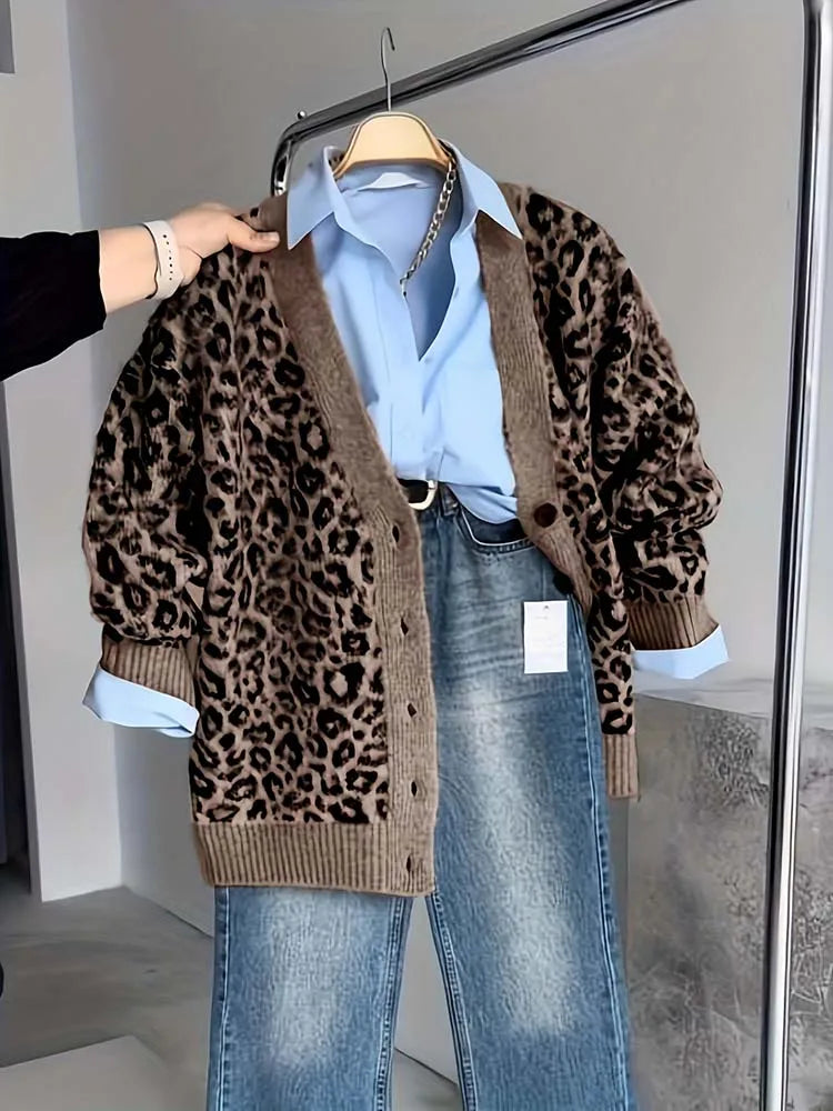 Leopard Print Knit Cardigan, V-Neck Button Front Sweater with Ribbed Trim, Animal Print Cozy Layering Top for Fall Winter
