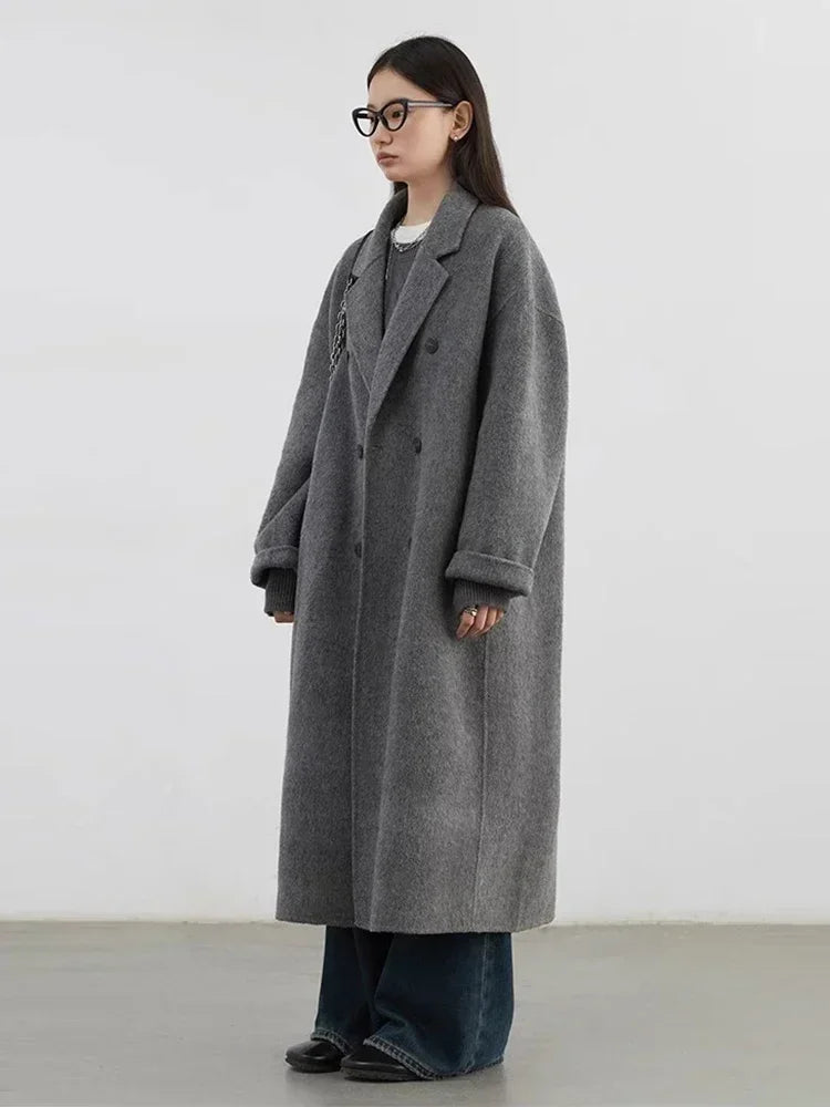 Long Double-Breasted Wool Coat, Tailored Lapel Overcoat with Relaxed Fit, Classic Fall Winter Outerwear