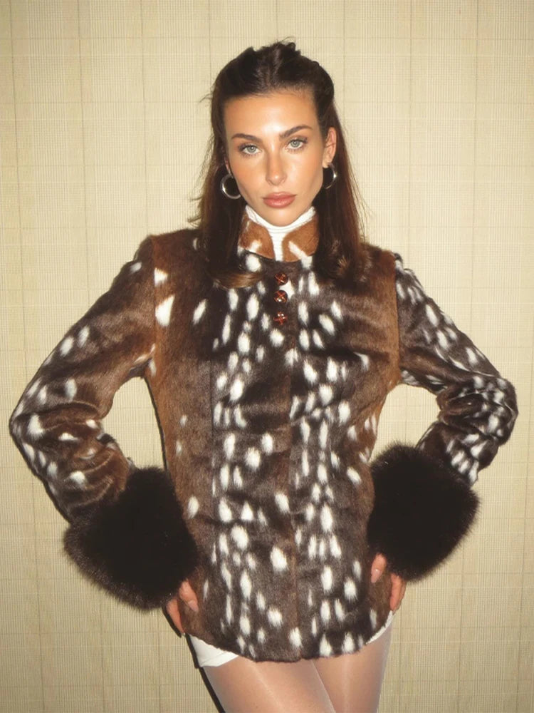 Faux Fur Cuff Jacket, Printed Button-Up Jacket with Plush Trim and Tailored Fit, Statement Chic Party Outerwear