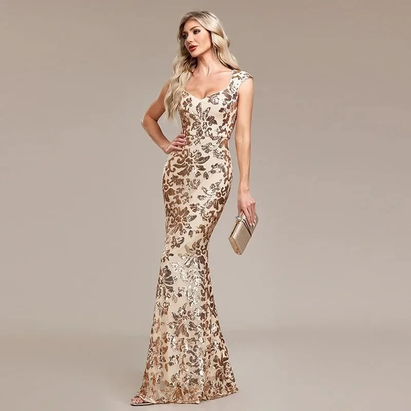 Floral Sequin Maxi Dress – Sleeveless V-Neck Mermaid Gown with Embellished Bodice, Figure-Hugging Fit and Floor-Length Hem for Formal Events