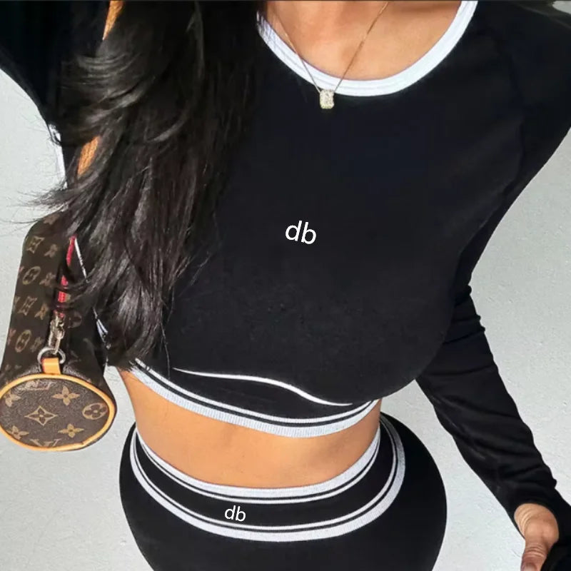Long Sleeve Crop Top & High Waist Leggings Co-Ord Set | Fitted Two Piece Activewear Outfit with Contrast Trim | Chic Casual & Workout Set