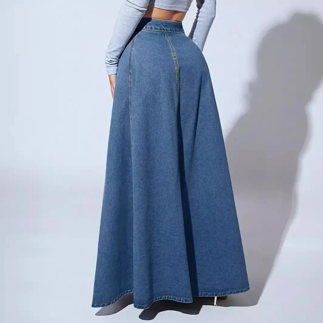 High Waisted Denim Maxi Skirt A Line Long Jean Skirt Flared Full Length Panelled Casual Streetwear Vintage Inspired