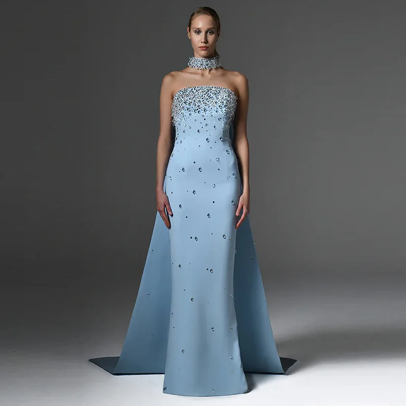 Embellished Mermaid Maxi Gown – Strapless Formal Dress with Crystal Beading, Matching Choker and Elegant Floor-Length Train