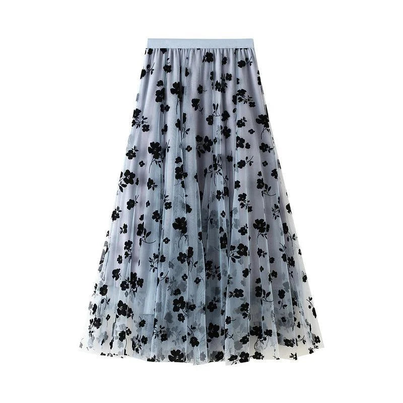 High Waisted Tulle Maxi Skirt Floral Mesh A Line Long Skirt Layered Sheer Party Evening Occasion Feminine Bottomwear