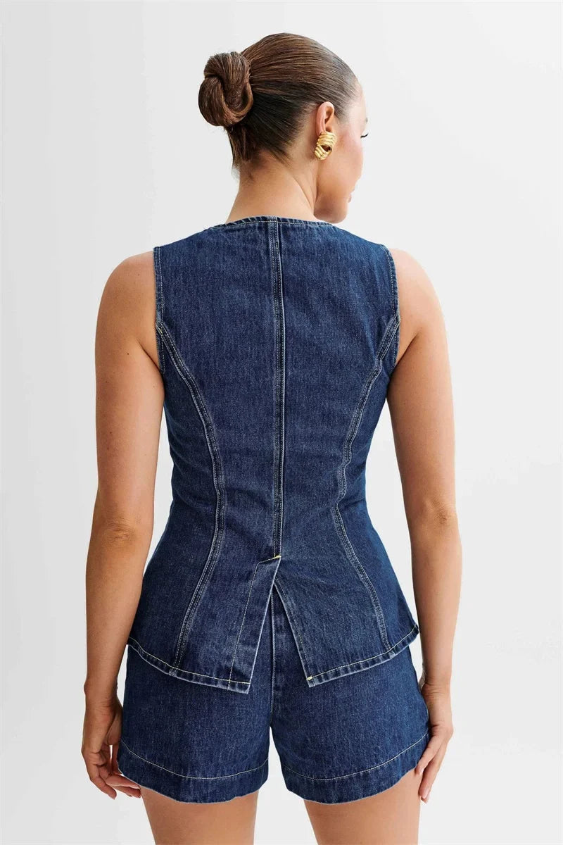 Sleeveless Denim Romper with Button Front & Utility Pockets | Tailored Mini Jumpsuit Outfit | Chic Casual Summer One Piece