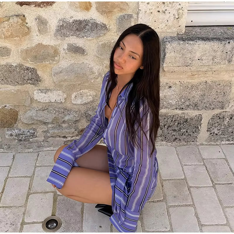Striped Shirt Mini Dress – Sheer Chiffon Button Down Dress with Turn-Down Collar, Long Sleeves, Waist Tie and Detachable Scarf