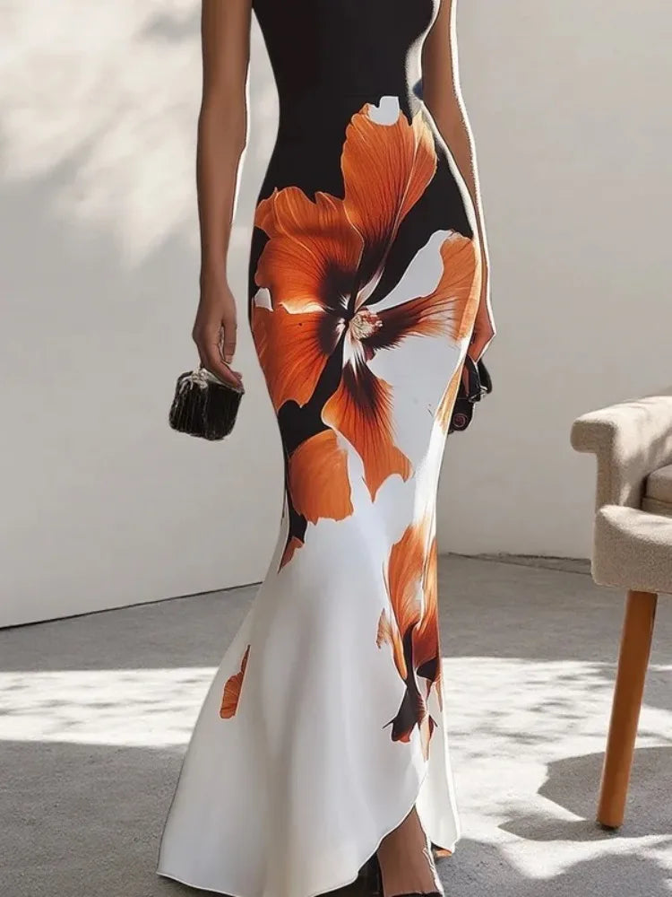 Abstract Print Maxi Dress – Sleeveless Fitted Dress with High Neck and Artistic Contrast Pattern for Vacations, Resort Wear & Evening Events