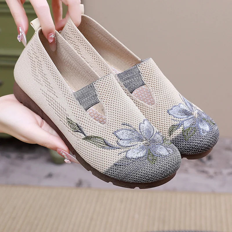 Floral Embroidered Slip-On Shoes | Lightweight Wedge Loafers | Breathable Casual Walking Shoes