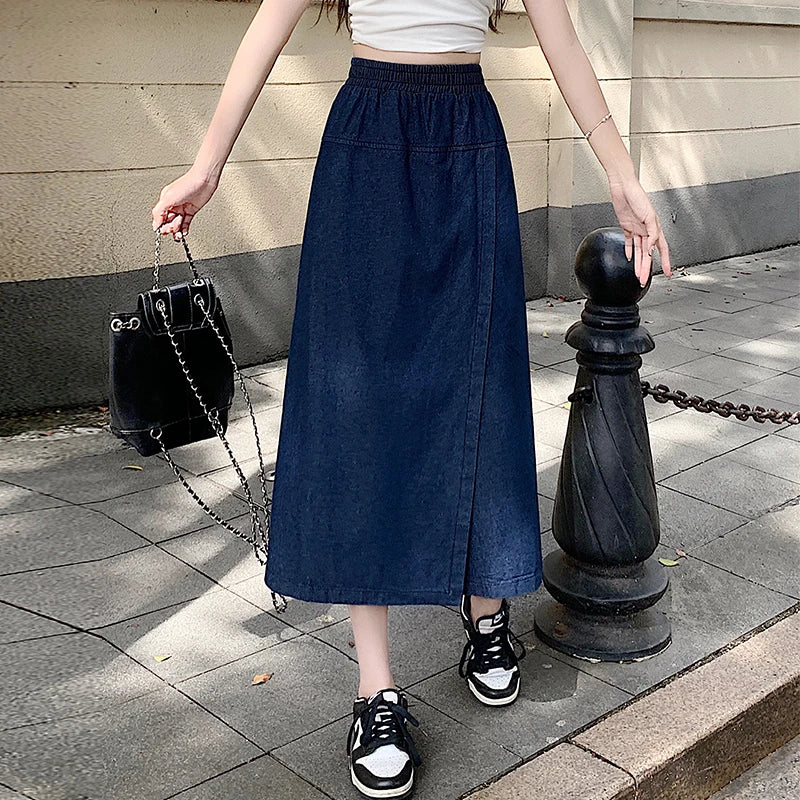 High Waisted Denim Midi Skirt Wrap Style Asymmetrical A Line Skirt Front Overlay Panel Casual Streetwear Vintage Inspired