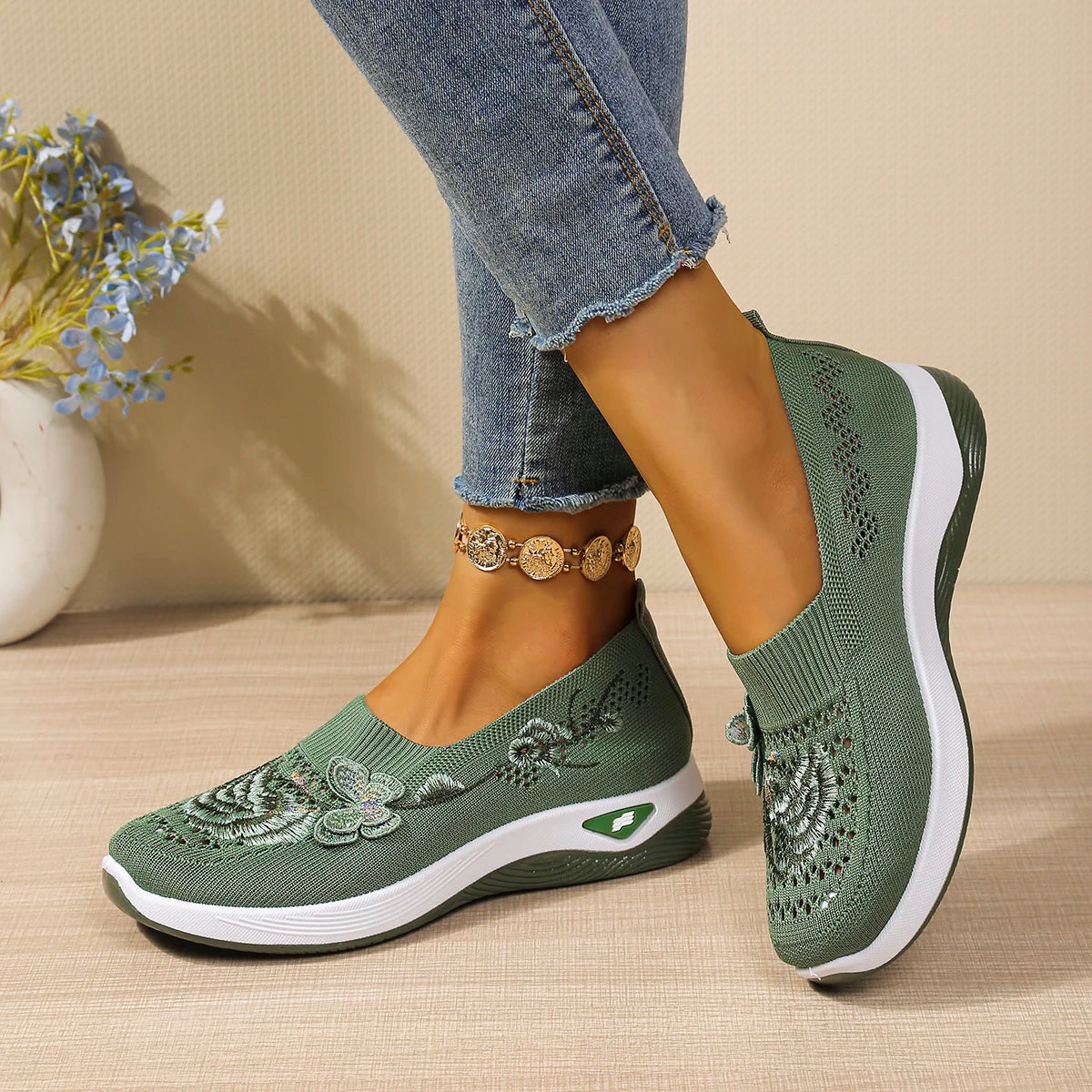 Floral orthopaedic Slip On Sneakers | Embroidered Mesh Walking Shoes | Lightweight Casual Platform Sneakers