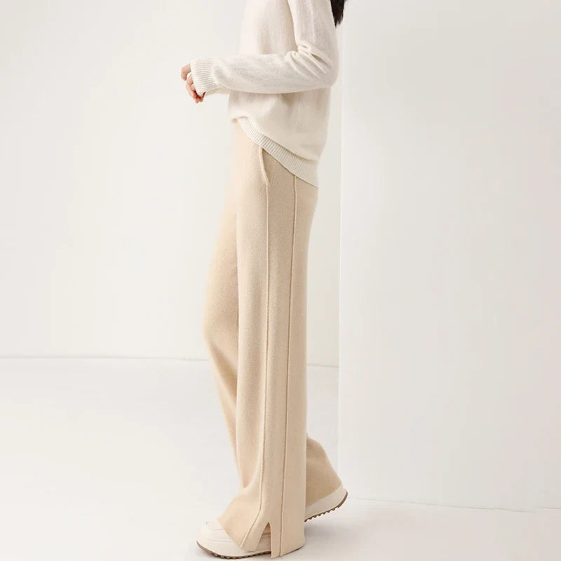 High Waisted Wide Leg Knit Pants Relaxed Fit Flowing Trousers Stretchy Casual Lounge Bottoms Minimalist Style