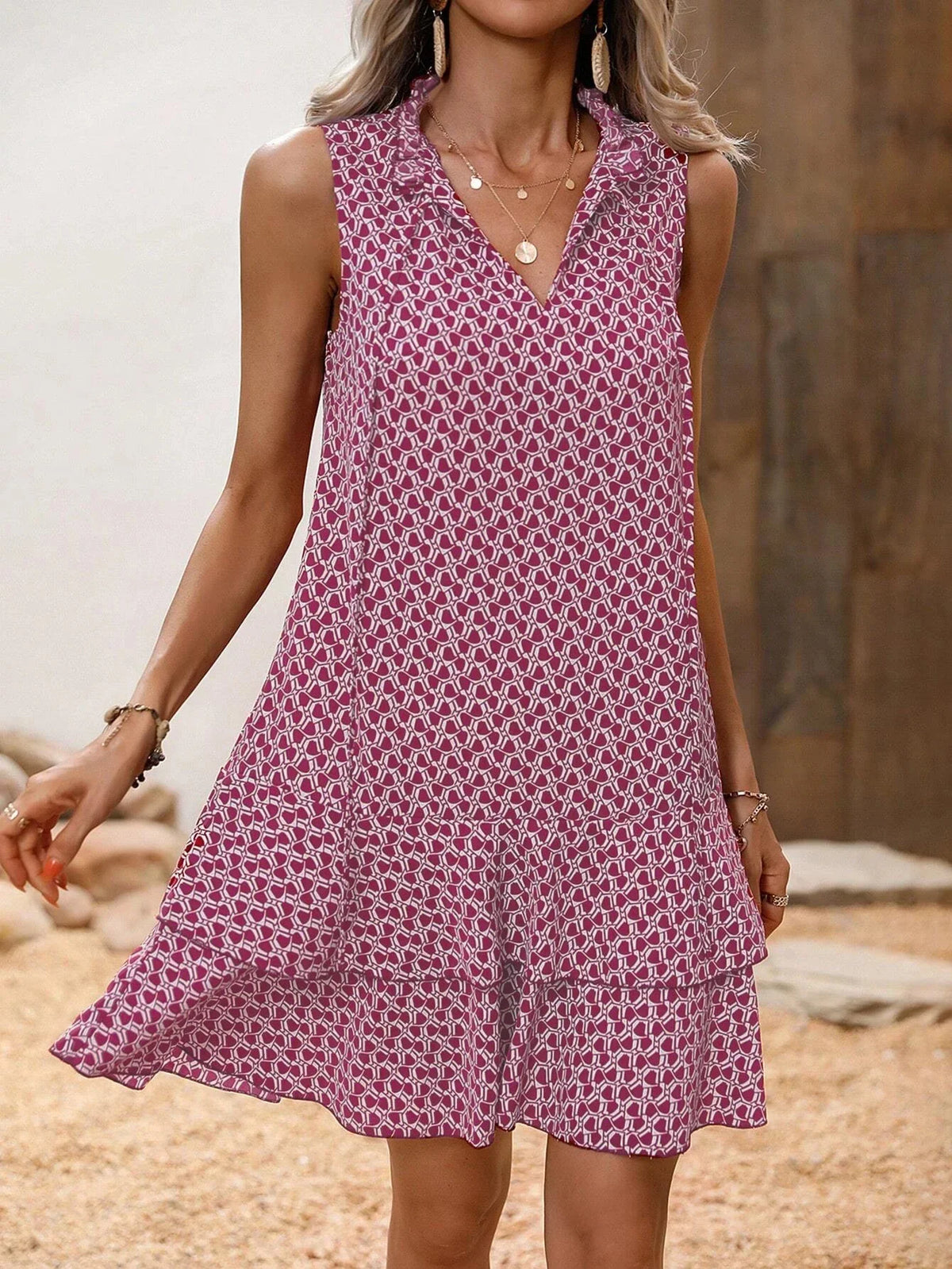 Textured Mini Dress – Sleeveless High Neck Dress with Tiered Ruffle Hem and Relaxed A-Line Silhouette for Brunch, Vacations & Casual Outings