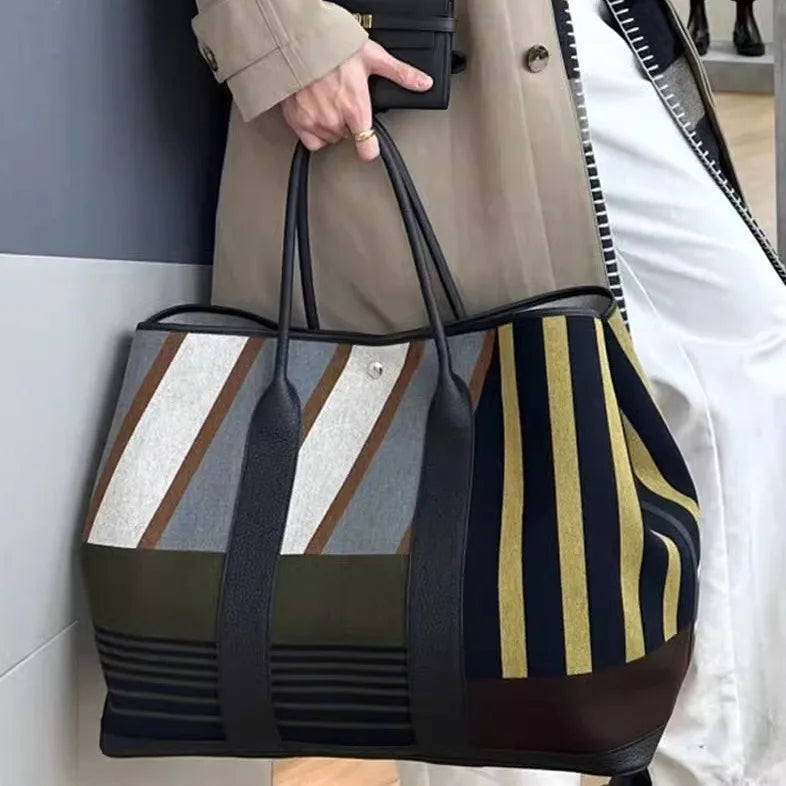 Large Striped Tote Bag, Color Block Shoulder Handbag, Spacious Casual Travel Purse with Long Handles for Work, Shopping & Everyday Use