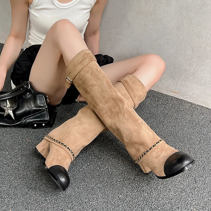 Knee High Suede Boots | Buckle Strap Block Heel Boots | Chain Detail Tall Fashion Booties