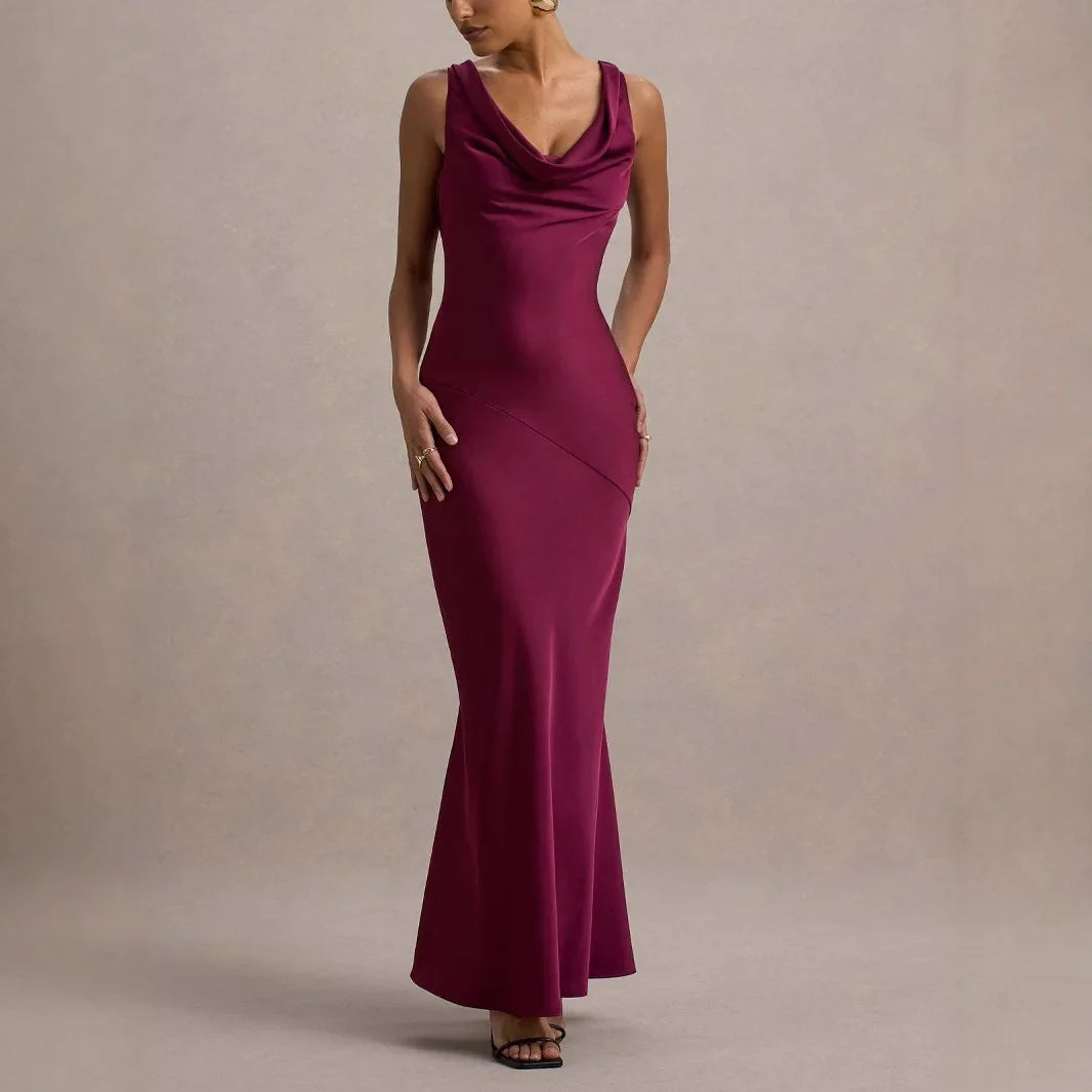 Cowl Neck Maxi Dress – Sleeveless Bodycon Gown with Draped Neckline, Ruched Waist and Floor-Length Silhouette for Weddings & Evening Events