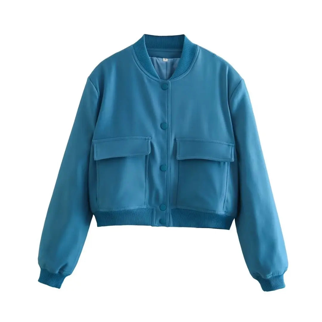 Women's Cropped Bomber Jacket, Minimalist Stand Collar Utility Jacket, Long Sleeve Casual Lightweight Outerwear