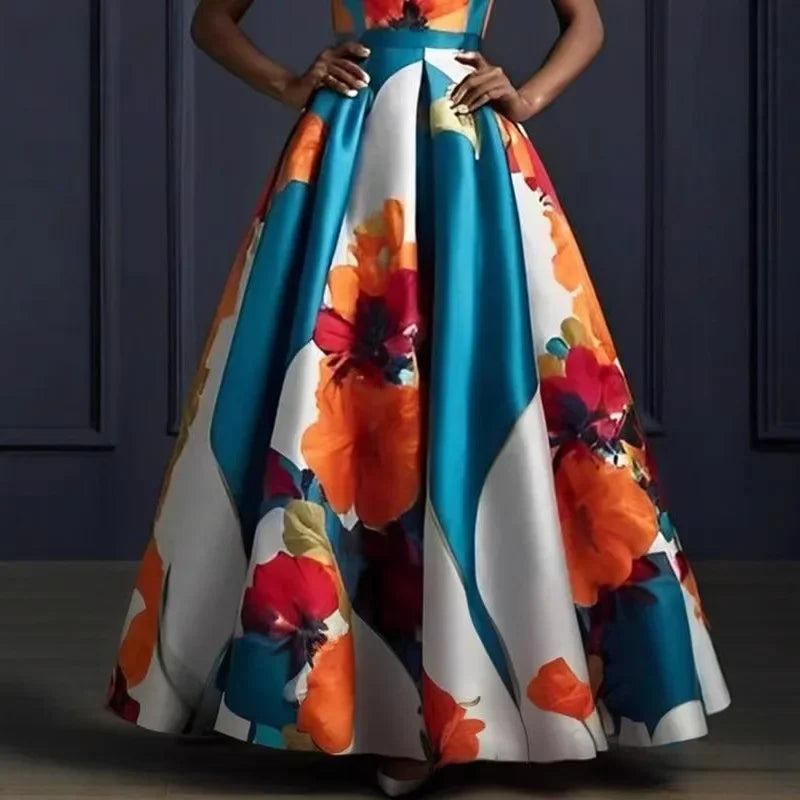 Floral Ball Gown – Strapless A-Line Maxi Dress with Corset-Style Bodice, Full Skirt and Dramatic Train for Weddings & Galas