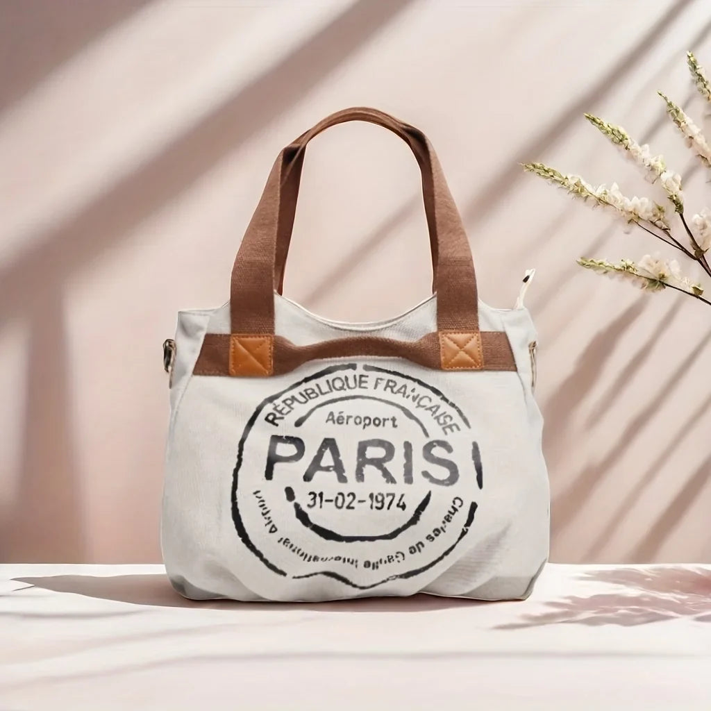 Vintage Canvas Tote Bag, Paris Print Shoulder Handbag, Rustic Travel Carryall Purse with Top Handles for Shopping, Vacation & Everyday Use