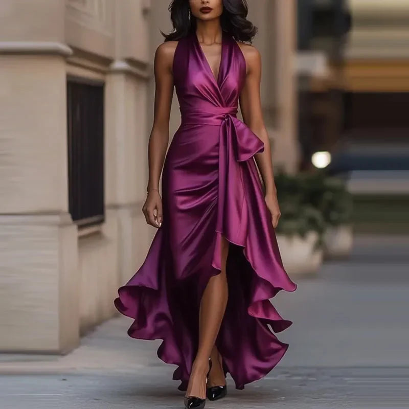 Draped Halter Midi Dress – Elegant Ruched Waist Wrap Dress with Asymmetrical Ruffle Hem for Weddings, Cocktail Parties & Evening Events