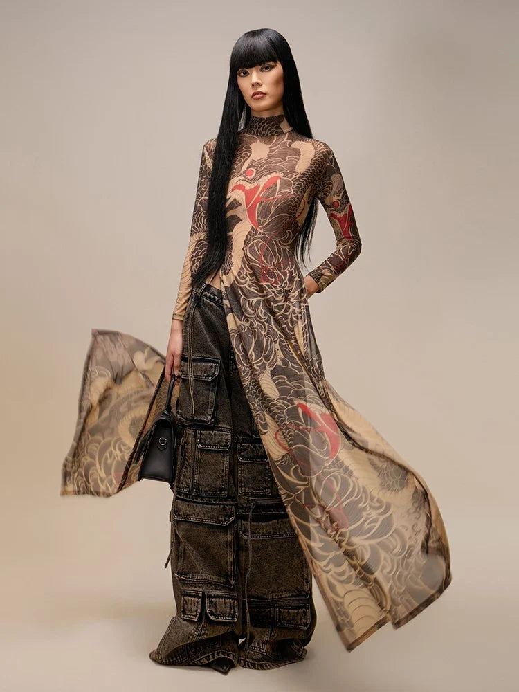 Artistic Print Maxi Dress – Long Sleeve High Neck Bodycon Gown with Full-Length Silhouette and Intricate Pattern for Evening Events & Parties