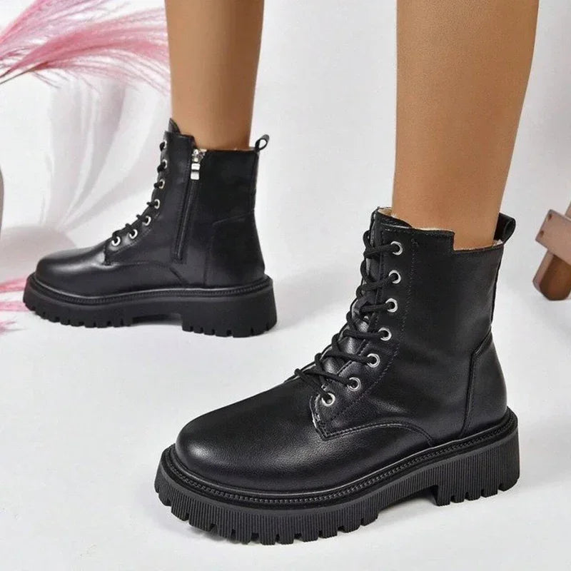 Women's Lace-Up Combat Boots – Chunky Lug Sole Ankle Boots with Side Zipper for Casual, Hiking, Travel & Everyday Wear