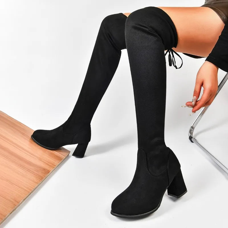 Over The Knee Boots | Chunky Block Heel Tall Boots | Lace-Up Back Thigh High Fashion Boots