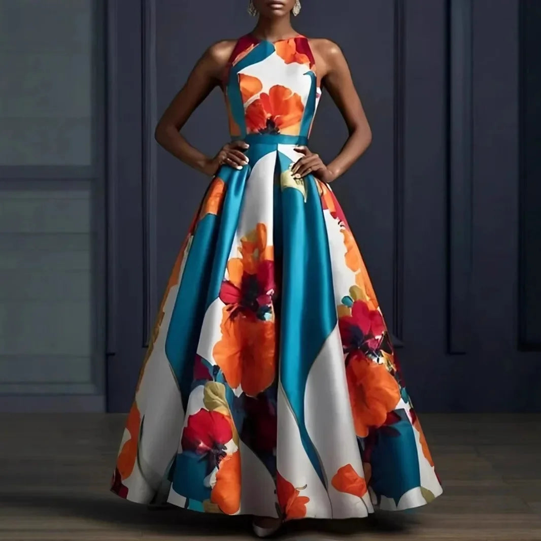 Floral Ball Gown – Strapless A-Line Maxi Dress with Corset-Style Bodice, Full Skirt and Dramatic Train for Weddings & Galas