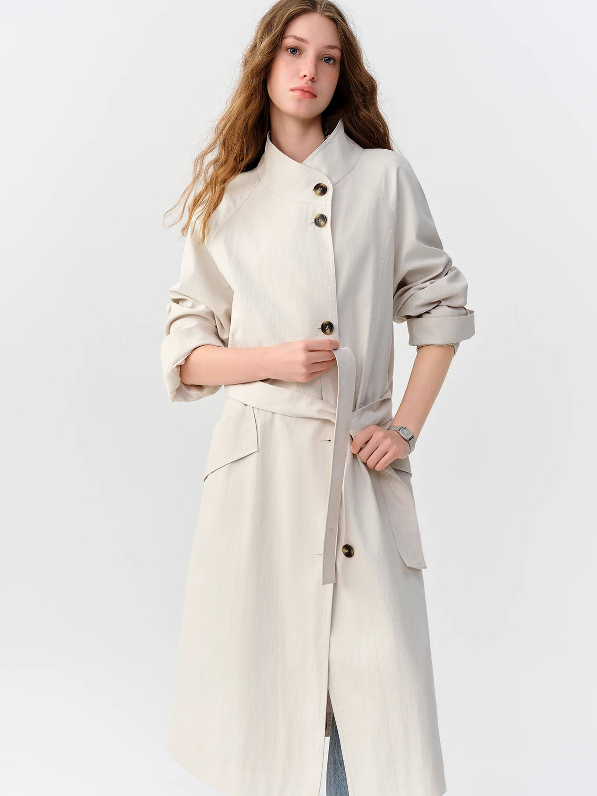 Belted Long Trench Coat, Minimalist Button Front Coat with Stand Collar and Oversized Fit, Elegant Classic Transitional Outerwear