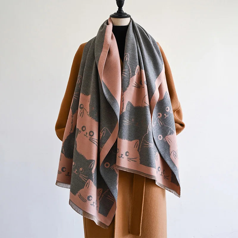 Cute Cat Print Scarf, Playful Feline Pattern Shawl Wrap, Artistic Neck Scarf with Decorative Border