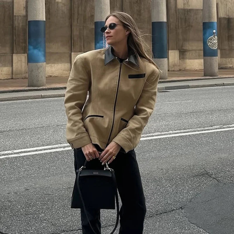 Fitted Leather Jacket with Contrast Collar, Zip-Up Blazer Jacket with Piped Pockets, Tailored Chic Transitional Outerwear