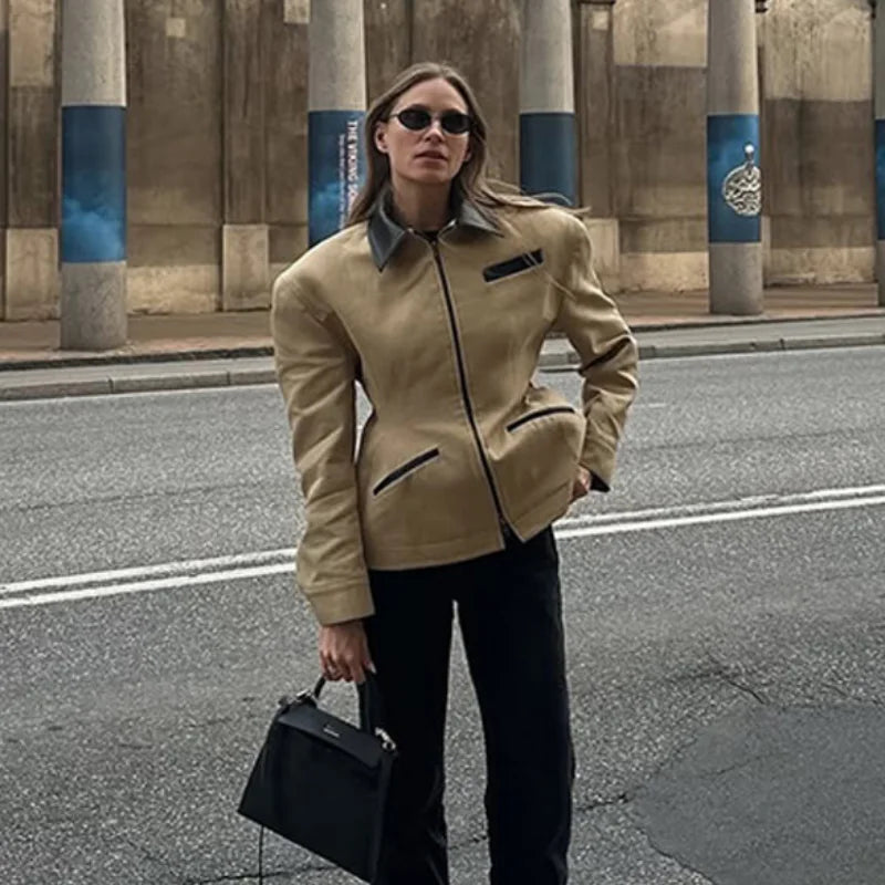 Fitted Leather Jacket with Contrast Collar, Zip-Up Blazer Jacket with Piped Pockets, Tailored Chic Transitional Outerwear