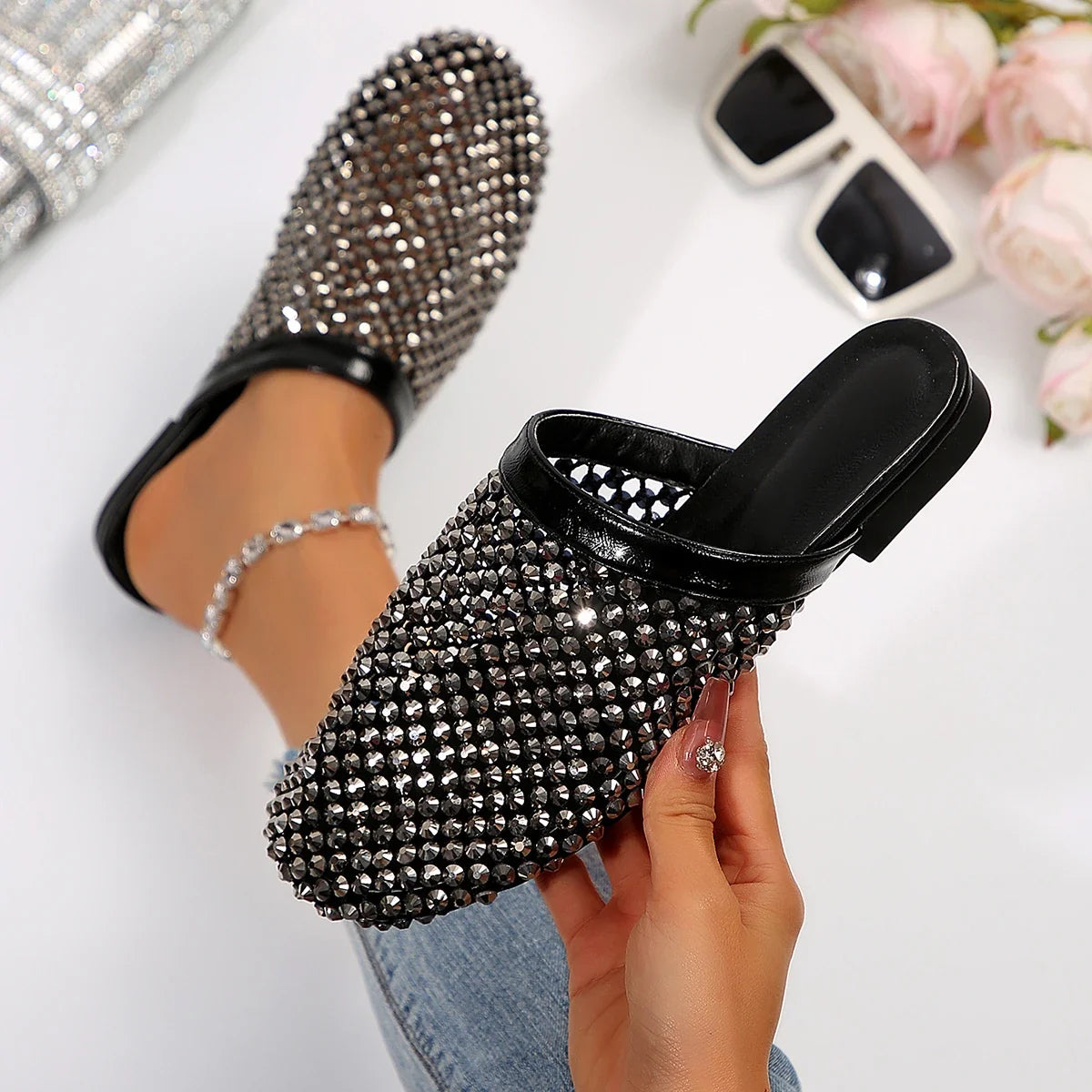Rhinestone Mule Heels | Crystal Embellished Slip-On Pumps | Pointed Toe Party Shoes