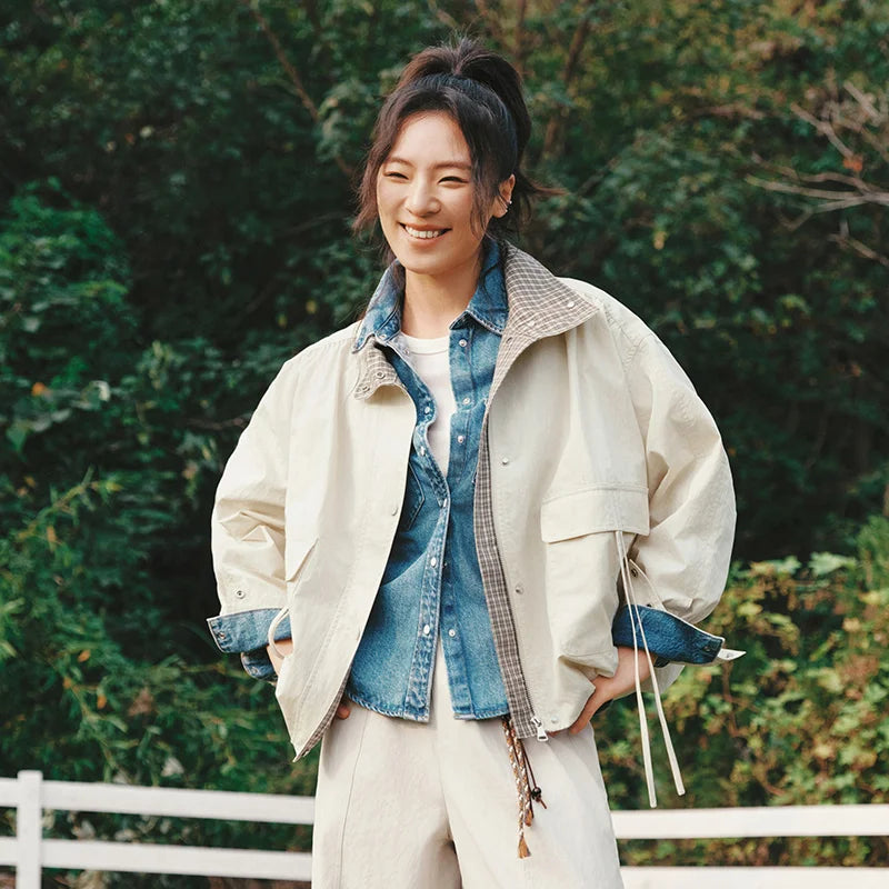 Oversized Utility Jacket with Contrast Collar, Relaxed Fit Zip-Up Jacket with Flap Pockets, Casual Lightweight Outerwear