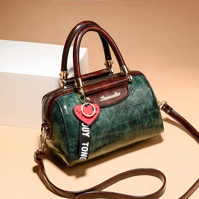 Women's Boston Bag, Crocodile Embossed Leather Handbag, Vintage Top Handle Satchel with Adjustable Crossbody Strap & Charm