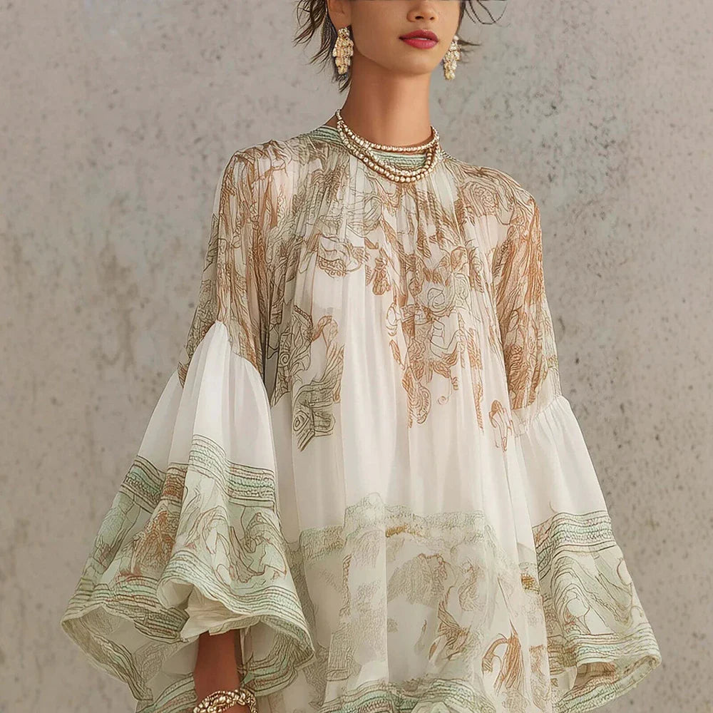 Boho Printed Mini Dress – High Neck Long Sleeve Dress with Flared Bell Sleeves, Relaxed Silhouette and Artistic Pattern for Vacations & Events