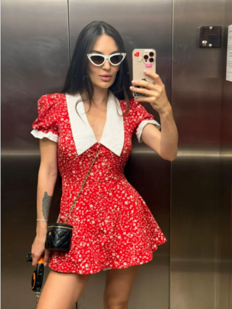 Floral Mini Dress – Short Puff Sleeve V-Neck Dress with Fitted Bodice, Defined Waist and Flared Skirt for Brunch, Vacations & Summer Parties