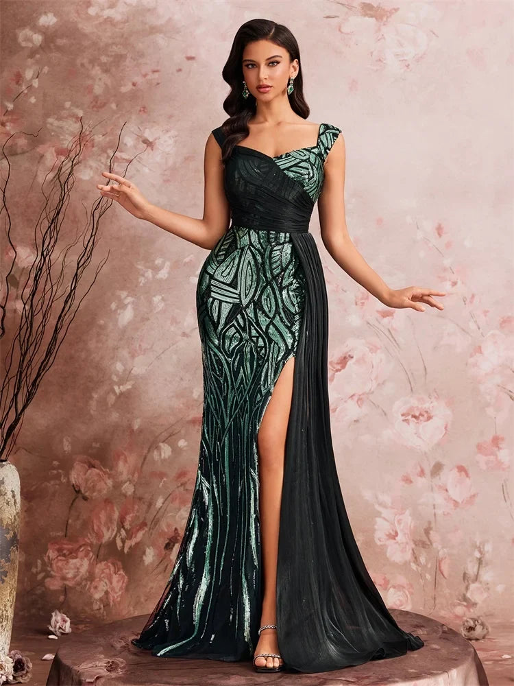 Embroidered Mermaid Maxi Dress – Sleeveless Square Neck Evening Gown with Patterned Bodice, High Side Slit and Flowing Floor-Length Skirt