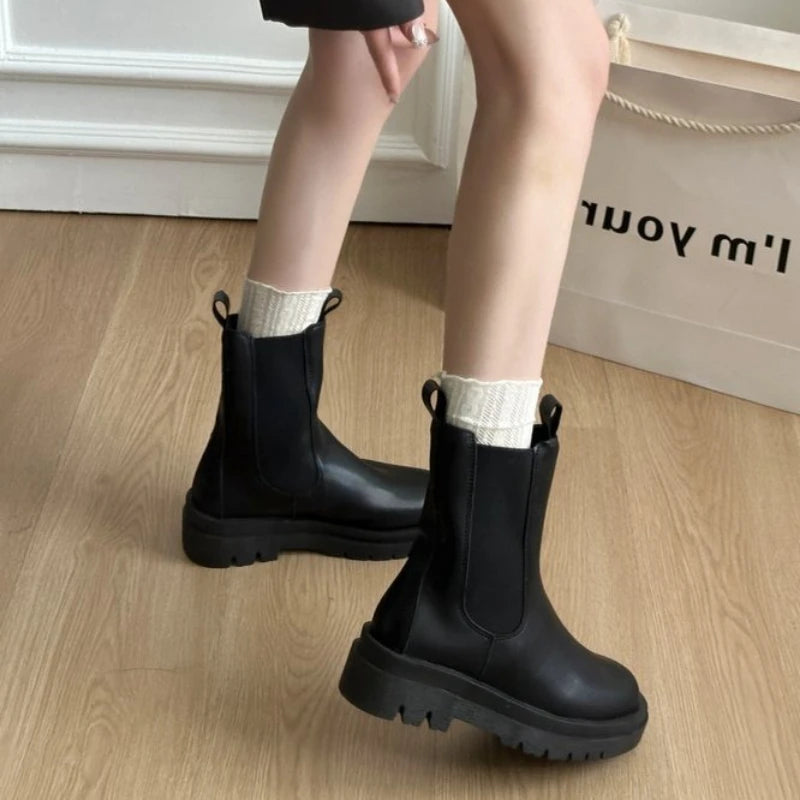 Chelsea Ankle Boots | Chunky Platform Combat Booties | Elastic Side Panel Casual Boots