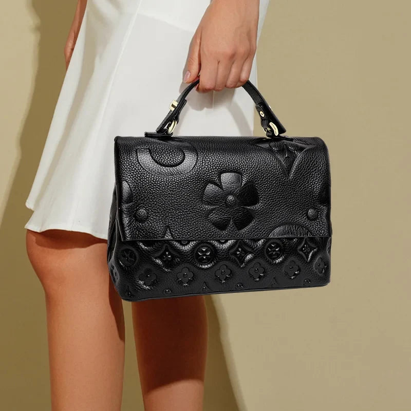 Floral Embossed Handbag, Elegant Structured Top Handle Purse with Decorative Pattern, Compact Shoulder & Crossbody Bag for Parties & Everyday Use