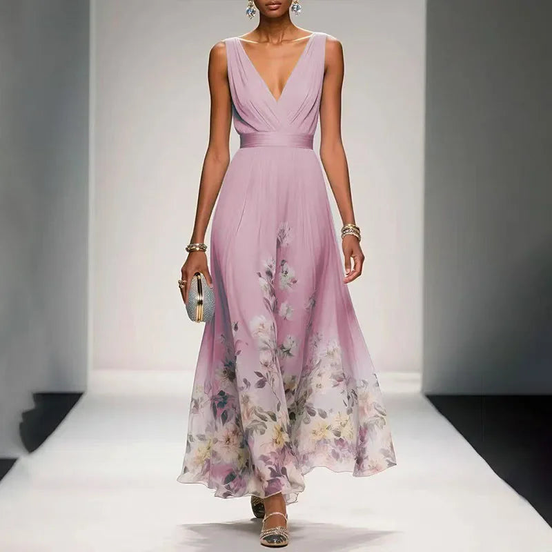 Floral Maxi Dress – Sleeveless V-Neck A-Line Dress with Fitted Waist and Flowing Skirt for Weddings, Garden Parties & Vacations