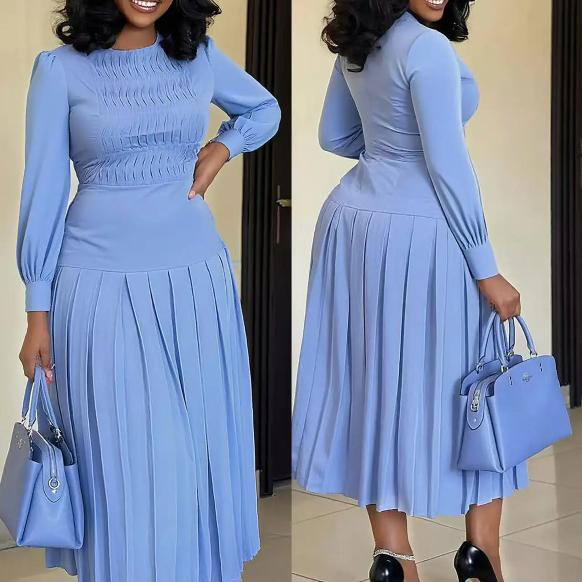 Pleated Knit Midi Dress – Long Sleeve Sweater Dress with High Neck, Textured Bodice, Defined Waist and Elegant Pleated Skirt