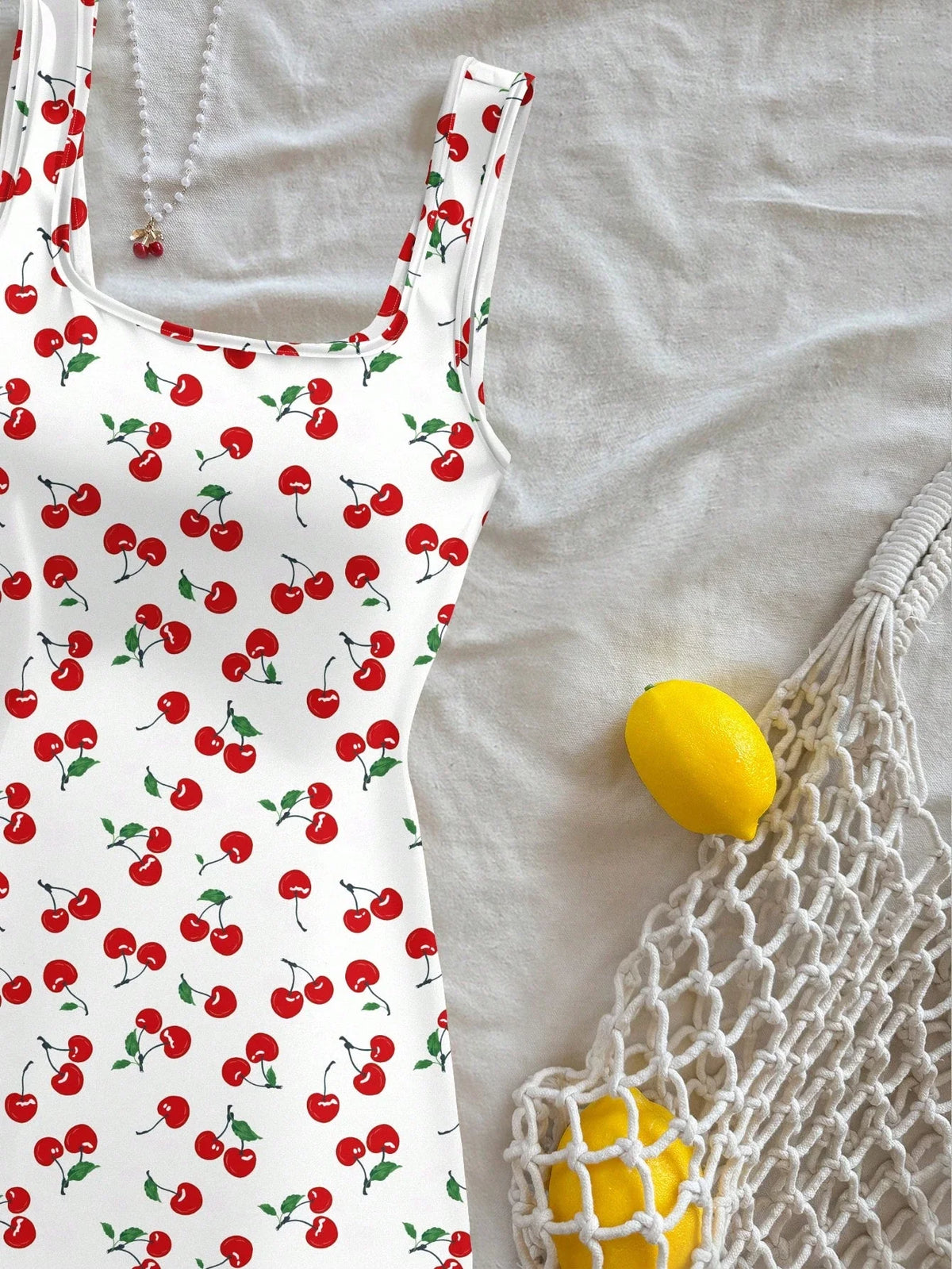 Cherry Print Mini Dress – Sleeveless Square Neck Dress with Wide Shoulder Straps, Fitted Bodice and Flared Skirt for Summer & Vacations