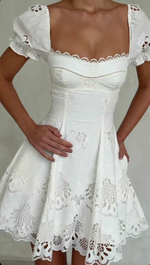 Romantic Mini Dress – Short Puff Sleeve Square Neck Dress with Fitted Bodice, Corset Waist and Flared Skirt for Weddings & Summer Events