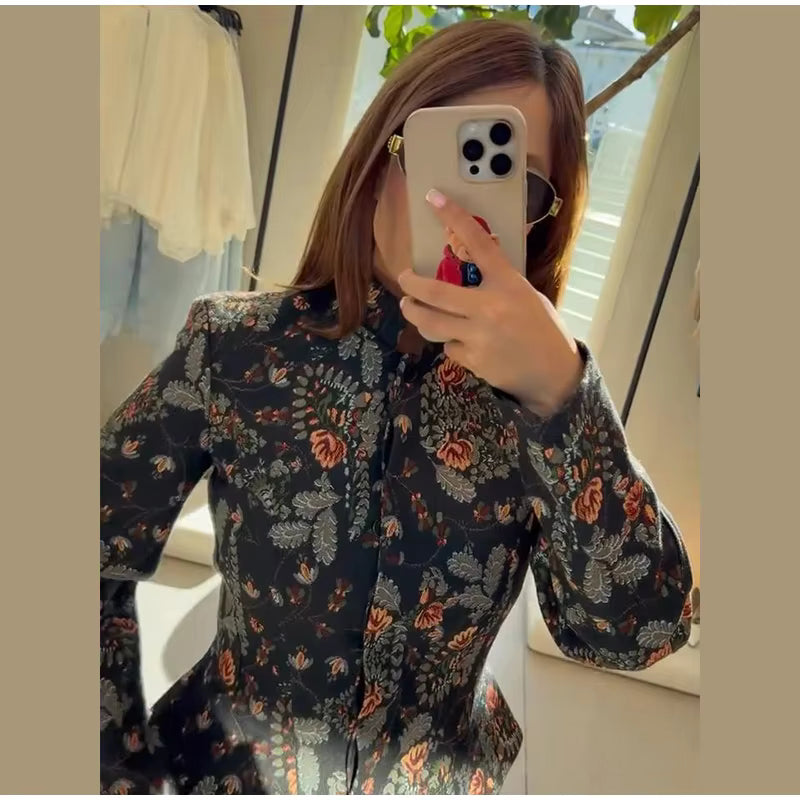 Floral Print Zip-Up Jacket, Stand Collar Lightweight Jacket with Long Sleeves and Vintage Botanical Pattern, Chic Casual Outerwear